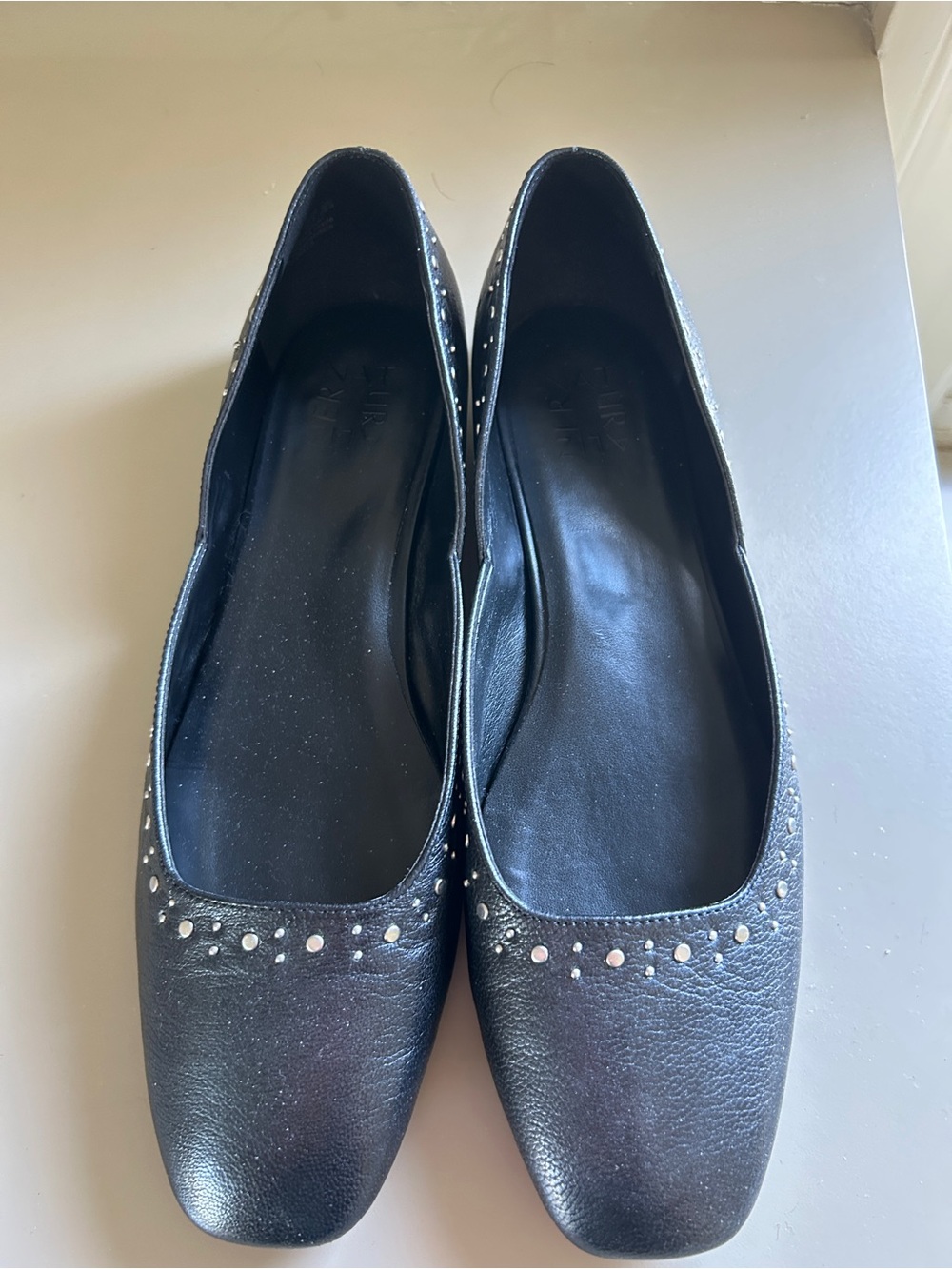 Naturalizer Black Leather Stud-Trim Square-Toe Flats